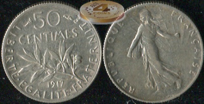 Франция. 50 центимов. 1917 (VF. Серебро)