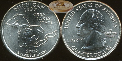 США. Монета 25 центов [Квотер]. 2004.D (KM#355. Unc) Мичиган