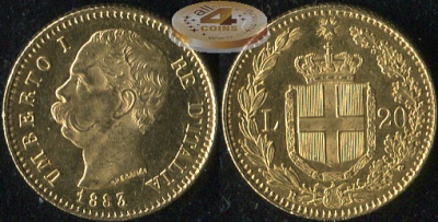 Италия. 20 лир. 1883.R (aUnc/Unc. Золото)