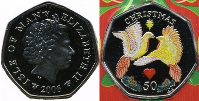 Остров Мэн. 50 центов. Рождество (Unc+эмаль+открытка) 2006