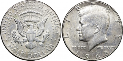 США. Монета 1/2 доллара. 1968.D (KM#202a. aUnc/Unc. Серебро) Kennedy Half Dollar
