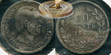 Нидерланды. 10 центов. 1869 (VF. Серебро)