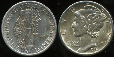 США. 10 центов (Дайм). 1931.D (SS/XF. Серебро)