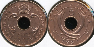 Британская Восточная Африка. 5 центов. 1937 (XF)