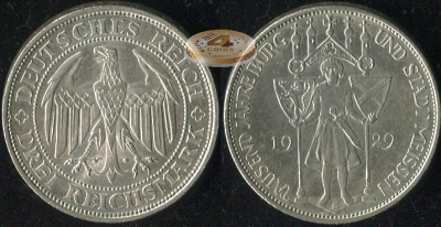 Германия (Веймарская р.). 3 рейхсмарки. 1929.E (aUnc+. Серебро)