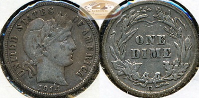 США. 10 центов (Дайм). 1914 [D] (XF45. Серебро)