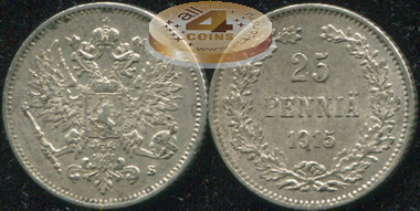 Финляндия (Российская). 25 пенни. 1915 (aUnc+. Серебро)