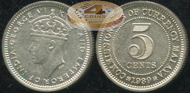 Британская Малайя. 5 центов. 1939 (Unc. Серебро)