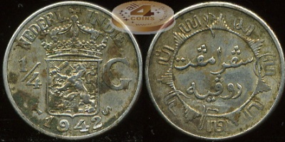 Нидерландская Индия. 1/4 гульдена. 1942 (XF. Серебро)