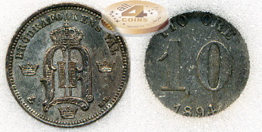 Швеция. 10 эре. 1894 (aUnc++. Серебро. [AU-58]. Слаб)