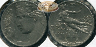 Италия. 1 лира. 1911.R (XF+)