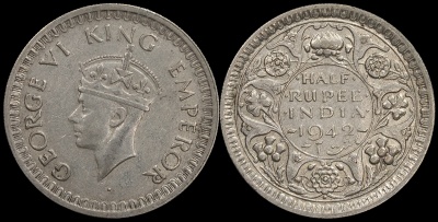 Британская Индия. 1/2 рупии. 1942.(B) (XF. Серебро)