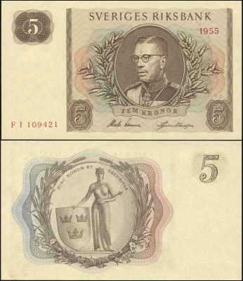 Швеция. Банкнота 5 крон. 1955. Unc. Бумага. Кат.# P.42b