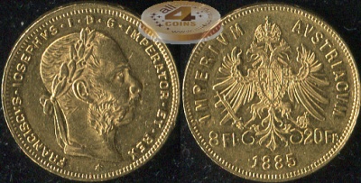 Австрия (Австро-Венгрия). 8 флоринов. 1885 (XF+. Золото)