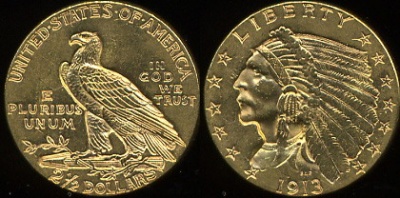 США. 2 1/2 доллара. 1913 (aUnc. Золото)