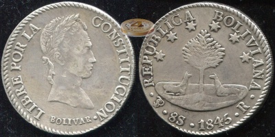 Боливия. 8 солей. 1845 (VF. Серебро) 