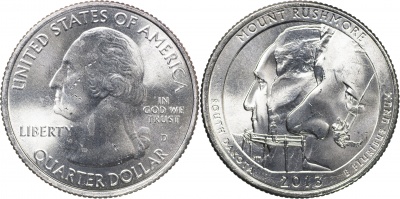 США. Монета 25 центов [Квотер]. 2013.D (KM#546. Unc) Mount Rushmore [South Dakota]