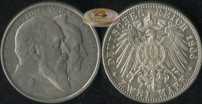 Германия (Баден). 2 марки. 1906.G (Unc. Серебро)