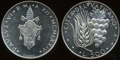 Ватикан. 500 лир. 1974 (Proof. Серебро)