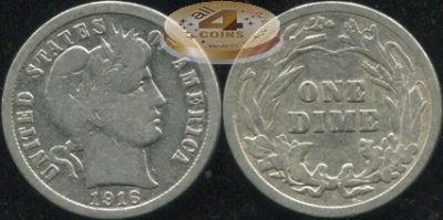 США. 10 центов (Дайм). 1916 (F. Серебро)
