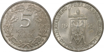 Германия [Веймарская респ.]. Монета 5 рейхсмарок. 1925.D (KM#47. aUnc. Серебро) Рейнская область