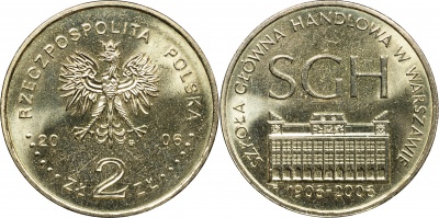 Польша. Монета 2 злотых. 2006 (KM#Y.609. Unc) 100-летие Варшавской школы экономики