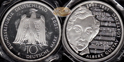 Германия (ФРГ). 10 марок. 2001 G (Proof. Серебро)