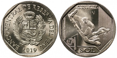 Перу. Монета 1 соль. 2019 (KM#NL. Unc) Желтохвостая обезьяна (Lagothrix flavicauda)