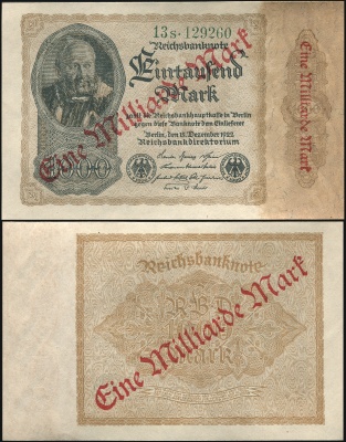 Германия [Веймарская респ.] Банкнота 1000000000 марок 15.12.1922 Unc Бумага Кат# Rb.110b