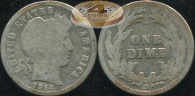 США. 10 центов (Дайм). 1914.D (G/AG. Серебро)