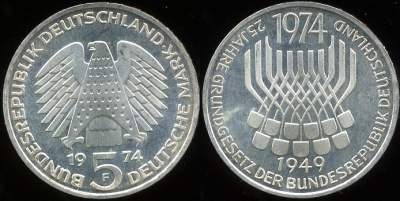 Германия (ФРГ). 5 марок. 1974 (Серебро)