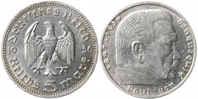 Германия [3й рейх]. Монета 5 марок. 1936.D (J.360 / KM#86. Unc. Серебро) Пауль фон Гинденбург