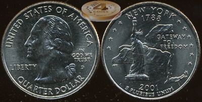 США. Монета 25 центов [Квотер]. 2001.D (KM#318. Unc) Нью-Йорк
