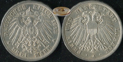 Германия (Любек). 3 марки. 1913.A (XF++. Серебро)
