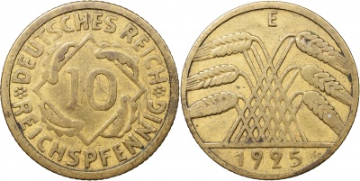 Германия [Веймарская республика]. Монета 10 рейхспфеннигов. 1925.E (J.317 / KM#40. VF/XF)