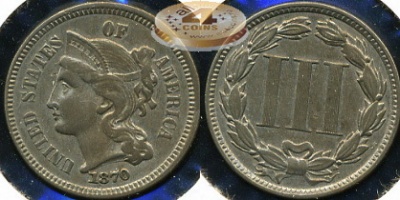 США. 3 цента. 1870 (XF+)
