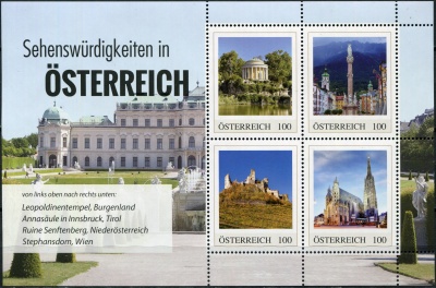Австрия. 2023. Достопримечательности в Австрии (Почтовый блок. MNH OG)