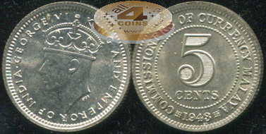 Британская Малайя. 5 центов. 1943 (Unc. Серебро)