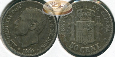 Испания. 50 центимов. 1880 (VF. Серебро)