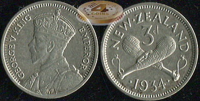 Новая Зеландия. 3 пенса. 1934 (Unc. Серебро)