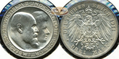 Германия (Вюртемберг). 3 марки. 1911 F (XF+. Серебро)