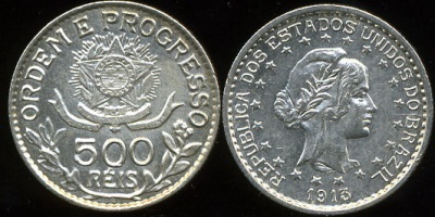 Бразилия. 500 рейс. 1913 (XF+. Серебро)