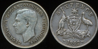 Австралия. 6 пенсов. 1942S (VF. Серебро)
