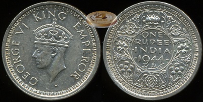 Британская Индия. 1 рупия. 1944 (aUnc. Серебро)