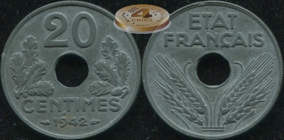 Франция. 20 центимов. 1942 (Unc)