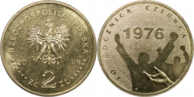 Польша. Монета 2 злотых. 2006 (KM#Y.571. Unc) 30-летие польских протестов в июне 1976 года