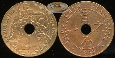 Французский Индокитай. 1 цент. 1938 (Unc)