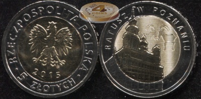 Польша. 5 злотых. 2015 (Unc. Биметалл) Ратуша в Познани