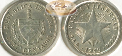 Куба. 10 центаво. 1949 (XF+. Серебро)