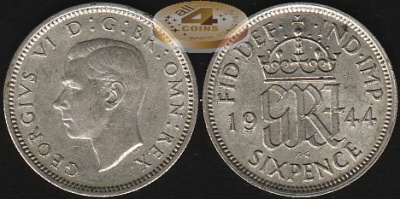 Великобритания. 6 пенсов. 1944 (aUnc. Серебро)